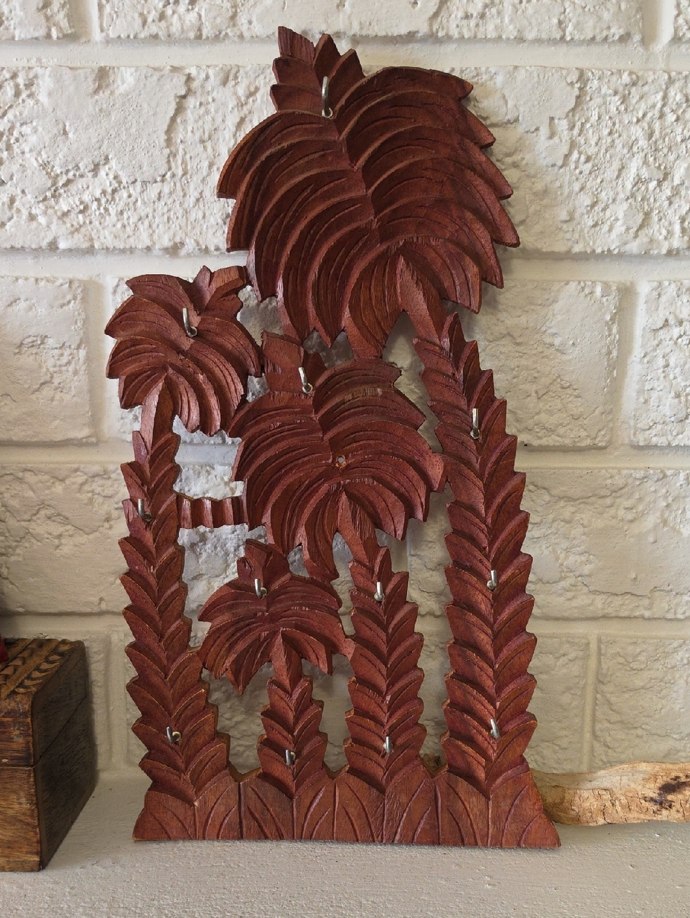 Handcrafted Wooden Palm Tree Wall Hook Rack - Brown